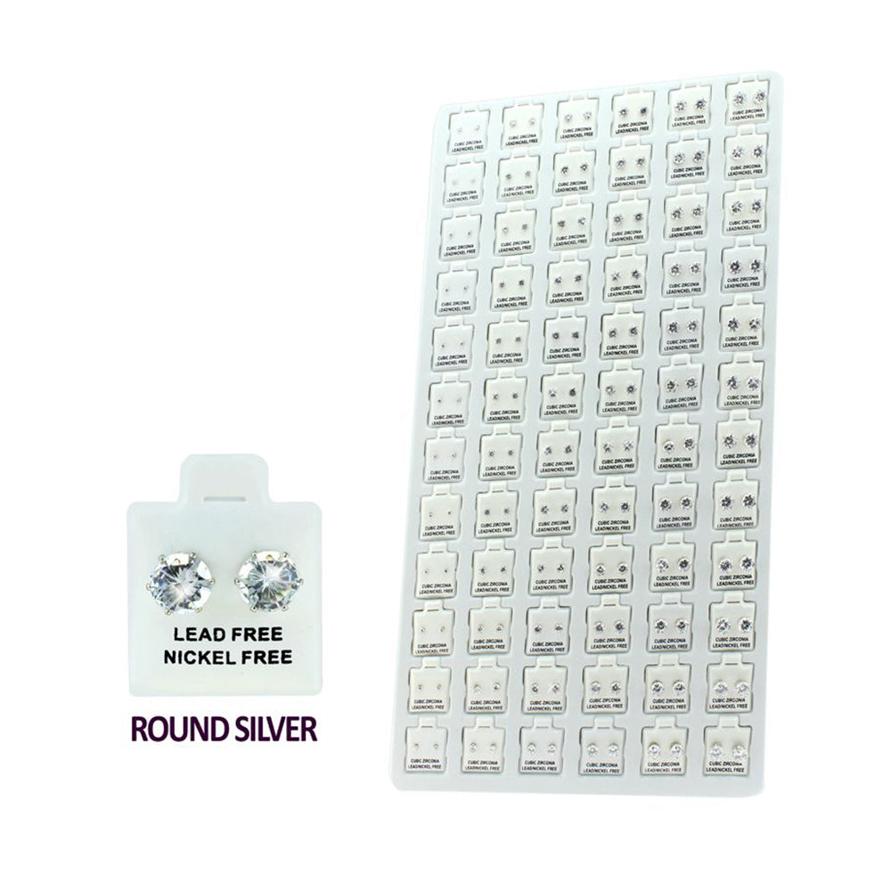 Surgical Steel Clear Round CZ Stud Earrings 3mm to 8mm - 72 Pairs