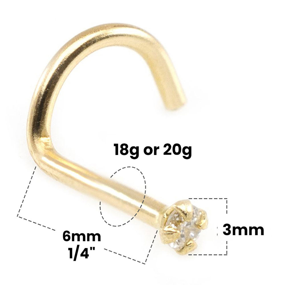 14K Solid Gold 18 and 20 Gauge Corkscrew Nose Screw with 3mm Diamond - photo 2