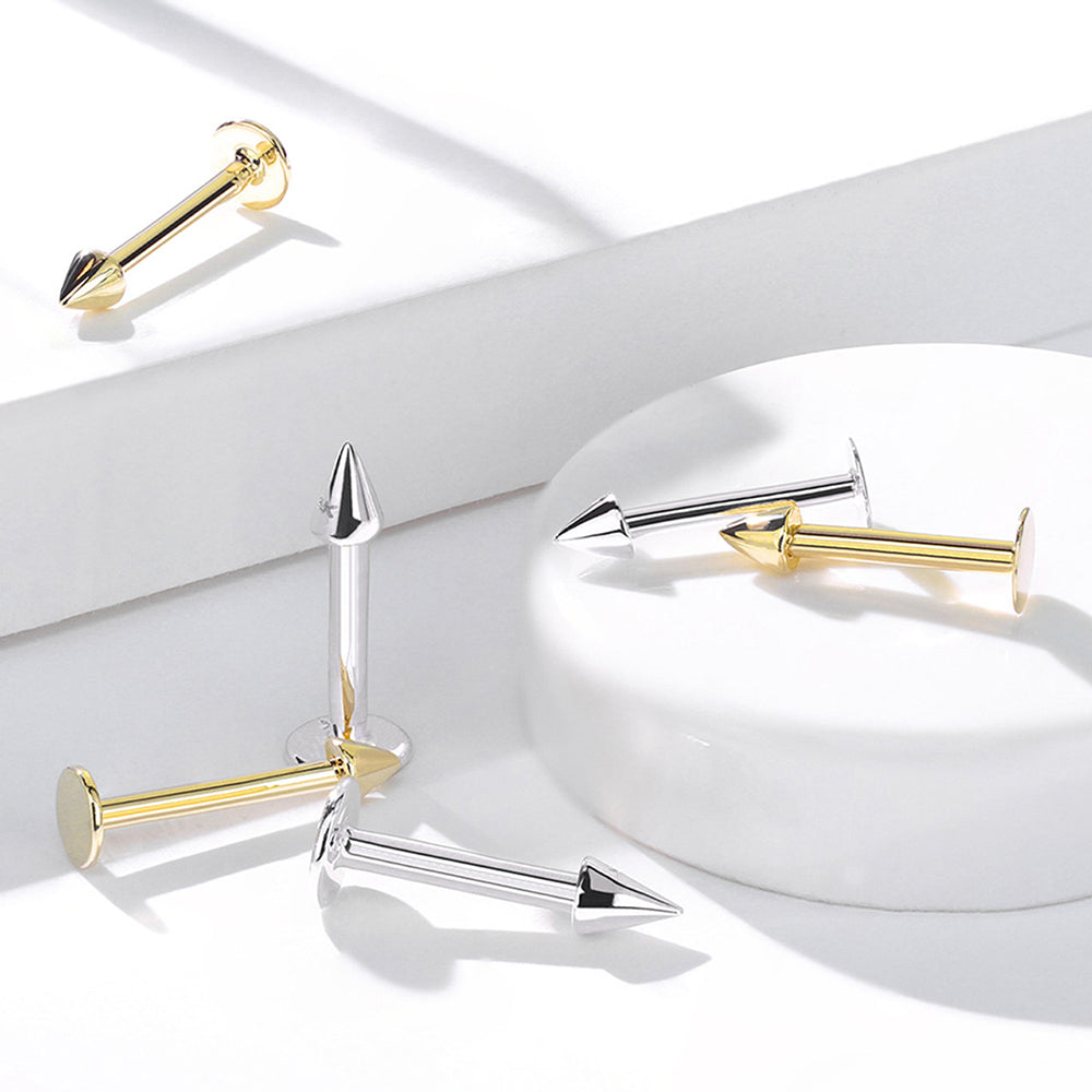 14K Solid Gold 14 and 16 Gauge Flat Back Labret Stud with Spike Top - photo 3