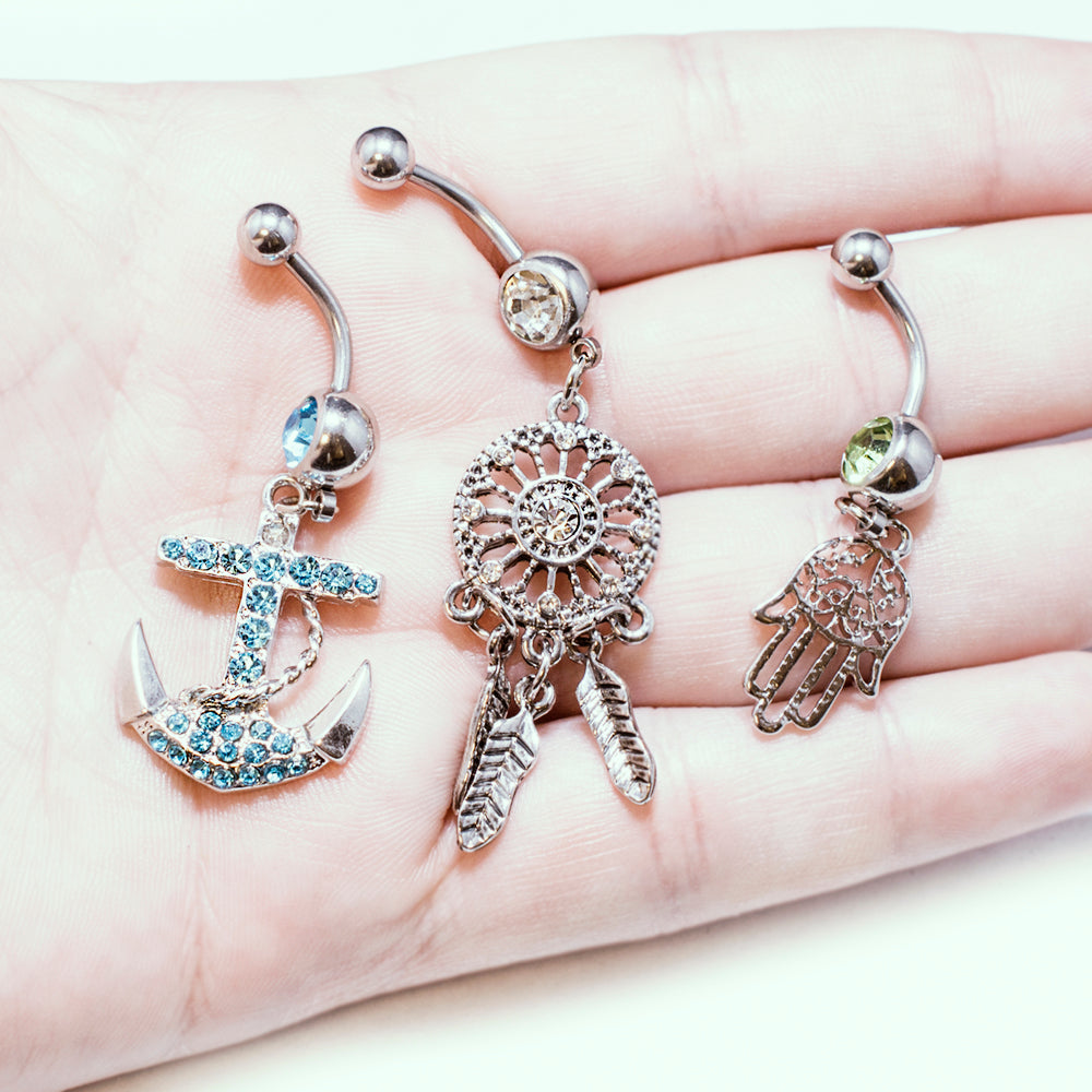 Surgical Steel 14 Gauge CZ Belly Button Rings for Women - 3 Pack
