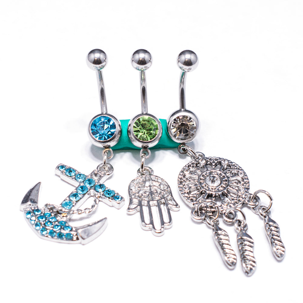 Surgical Steel 14 Gauge CZ Belly Button Rings for Women - 3 Pack