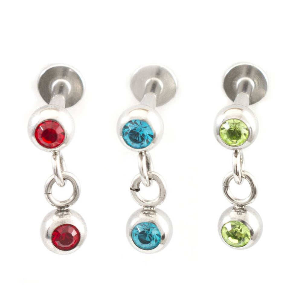 Surgical Steel 14 Gauge Labret Studs with Dangle CZ Ball - 3 Pack