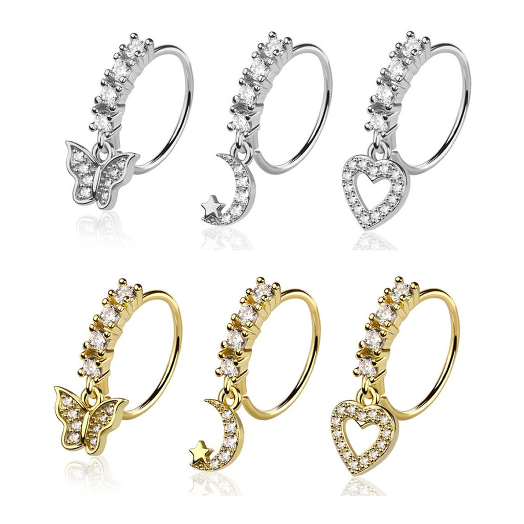 Surgical Steel 20 Gauge Dangle CZ Bendable Nose Hoops - 3 Pack