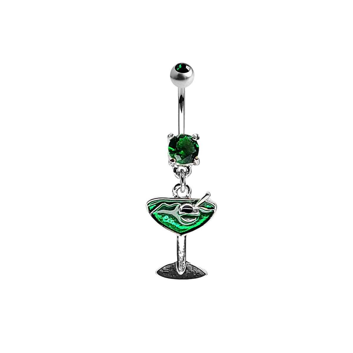 Surgical Steel 14 Gauge Belly Ring with Green Enamel Martini Glass