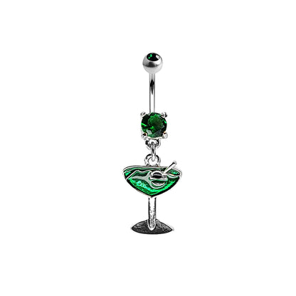 Surgical Steel 14 Gauge Belly Ring with Green Enamel Martini Glass