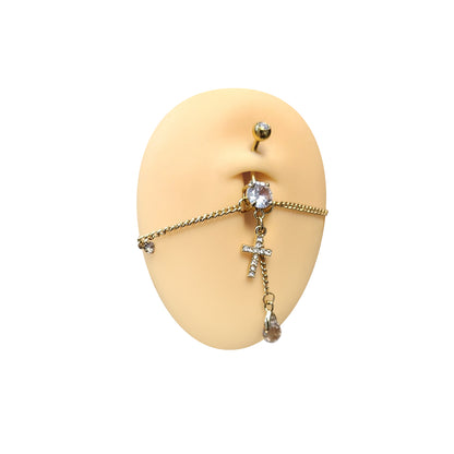 Surgical Steel Belly Ring 14G 11mm with Gold Chain & CZ Teardrop - photo 4