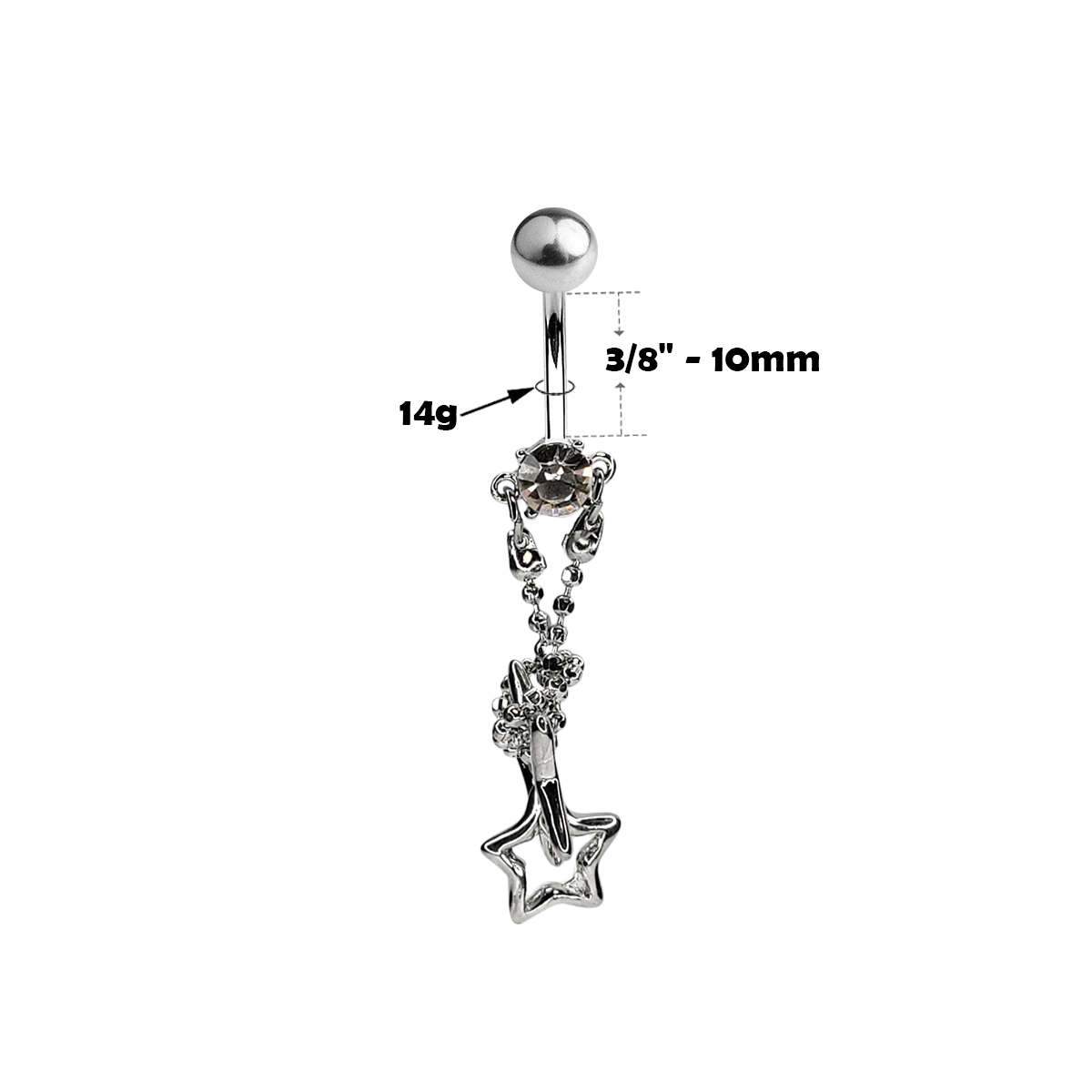 Surgical Steel 14 Gauge Belly Ring with CZ Double Star Chain Dangle - photo 5