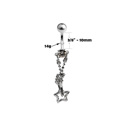 Surgical Steel 14 Gauge Belly Ring with CZ Double Star Chain Dangle - photo 5