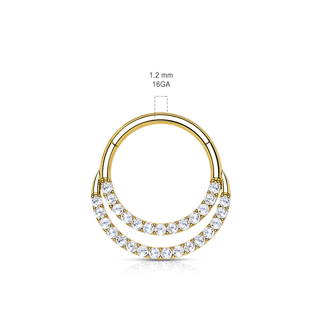 14K Solid Gold Hinged Segment Hoop Front Facing Double Line CZ