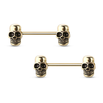 Surgical Steel Straight Barbell Nipple Ring 14 Gauge with Skull - Pair