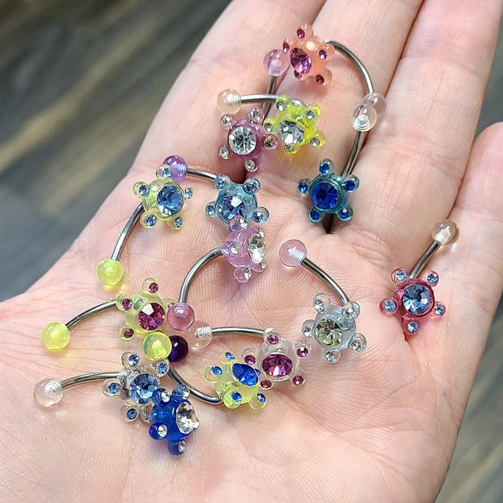 Surgical Steel & Acrylic 14G Flower CZ Belly Navel Rings - 6 Pack