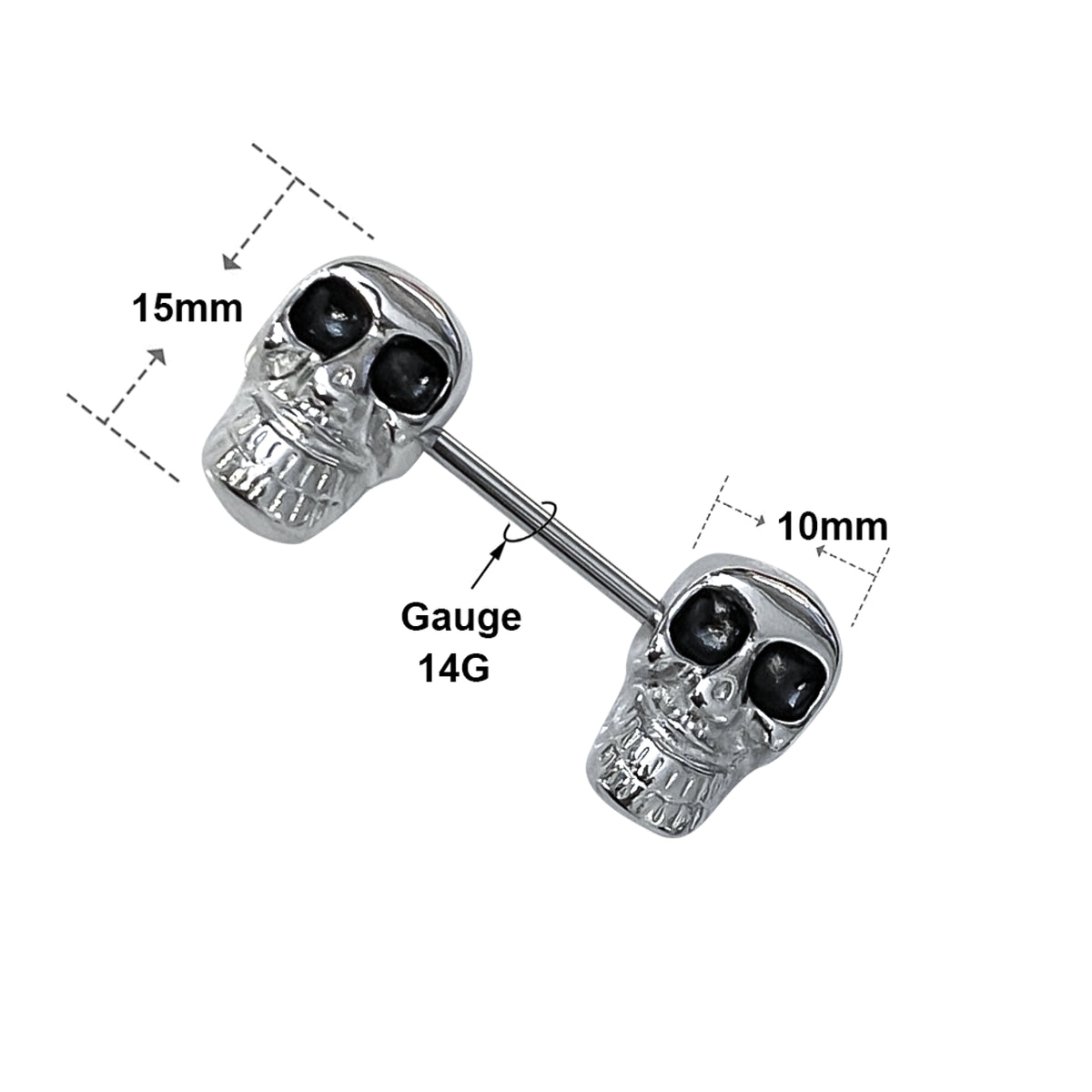 Surgical Steel Barbell Nipple Ring 14 Gauge & Black Eyes Skull - Pair - Kruelty - Photo 3