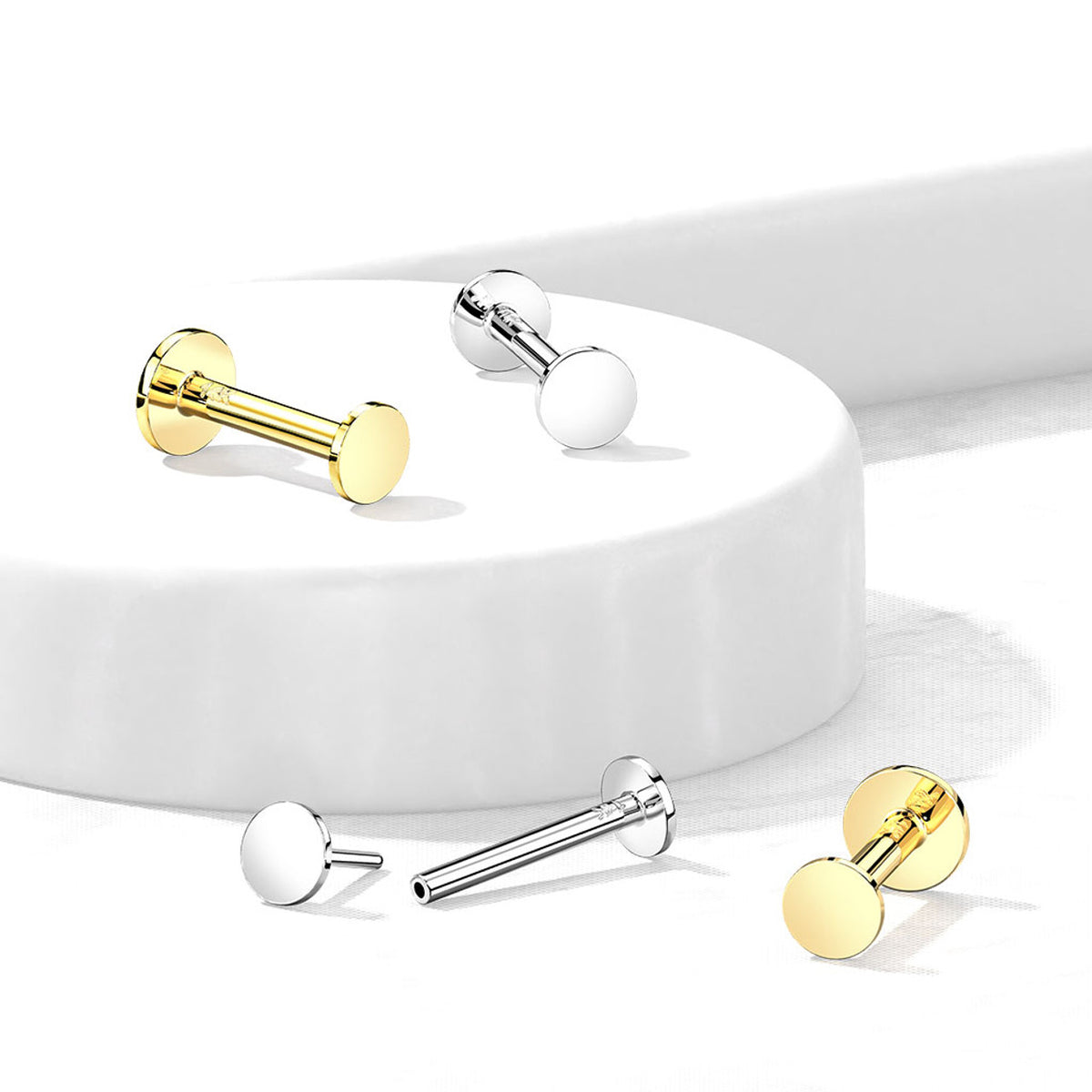 14 Karat Solid Gold Labret / Monroe Stud 18 & 16 Gauge Flat Round Top - Kruelty - Photo 3