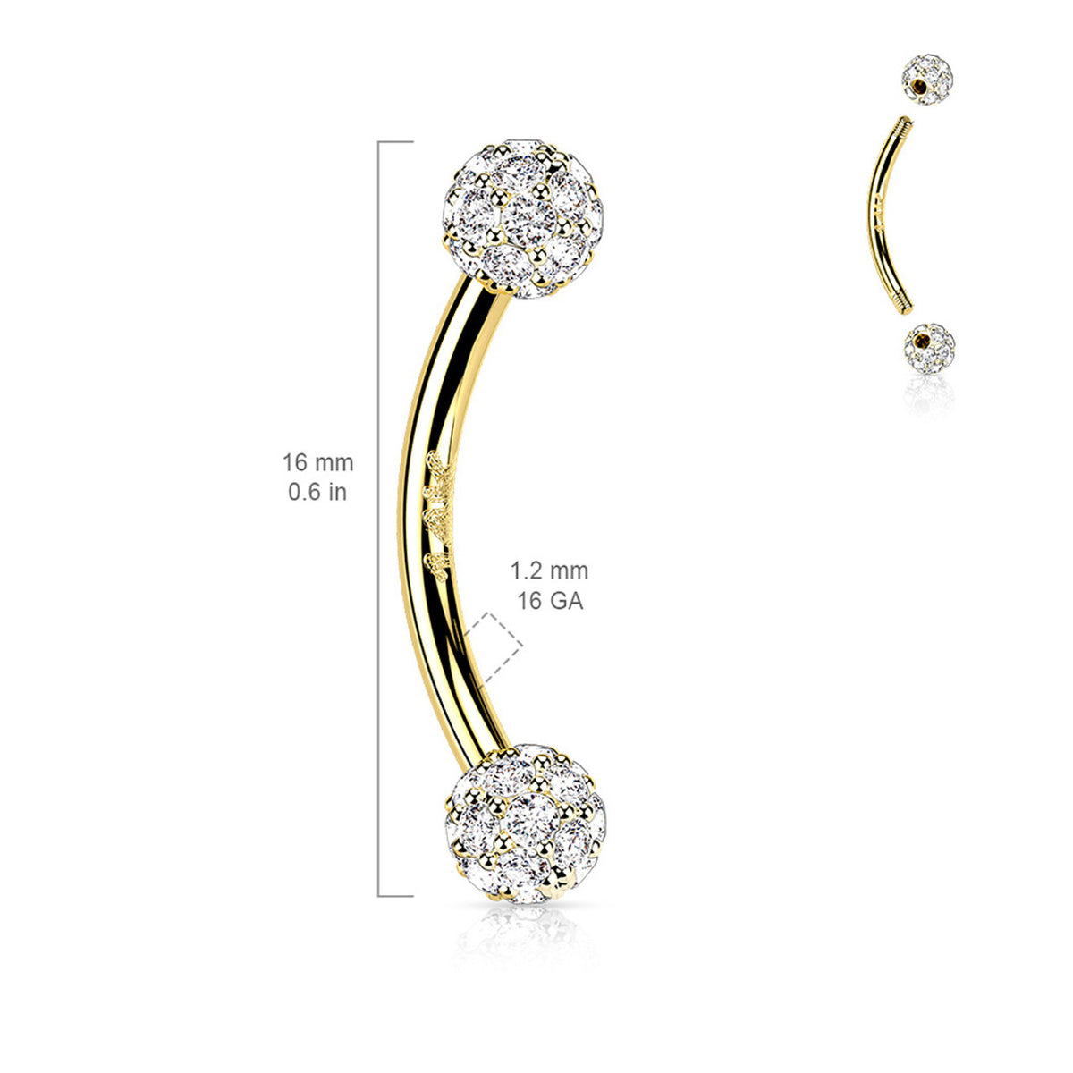 14 Karat Solid Gold Curved Barbell 16 Gauge Eyebrow Gem Paved Ball - Kruelty - Photo 3