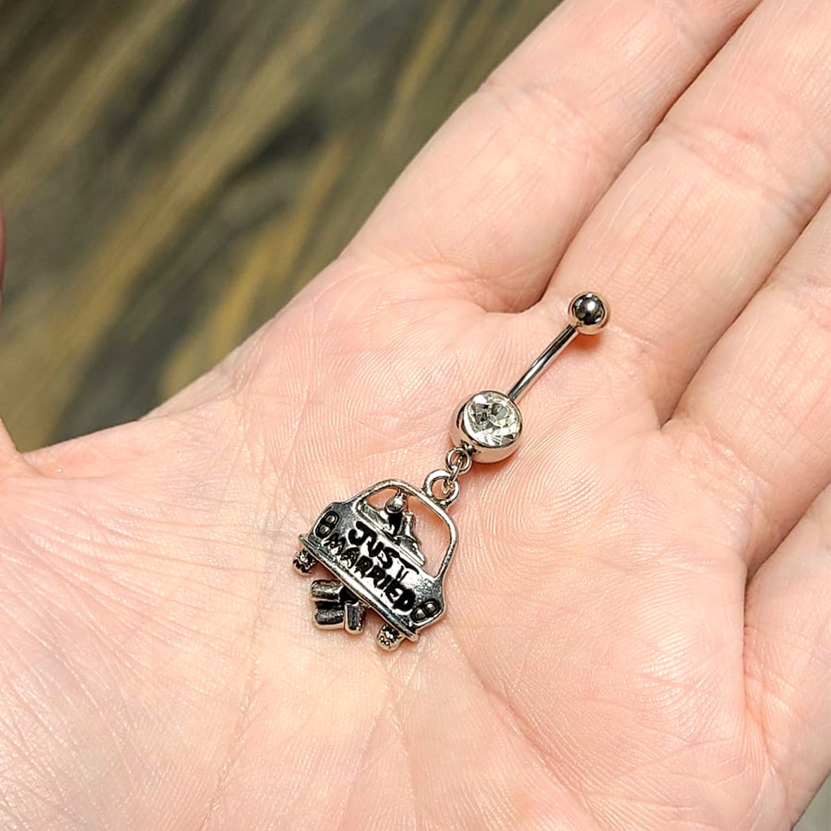 Surgical Steel 14 Gauge Belly Ring with CZ Just Married Dangle - photo 6