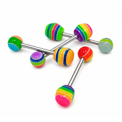 Surgical Steel 14 Gauge Barbell with Striped Acrylic Ball - 4 Pack
