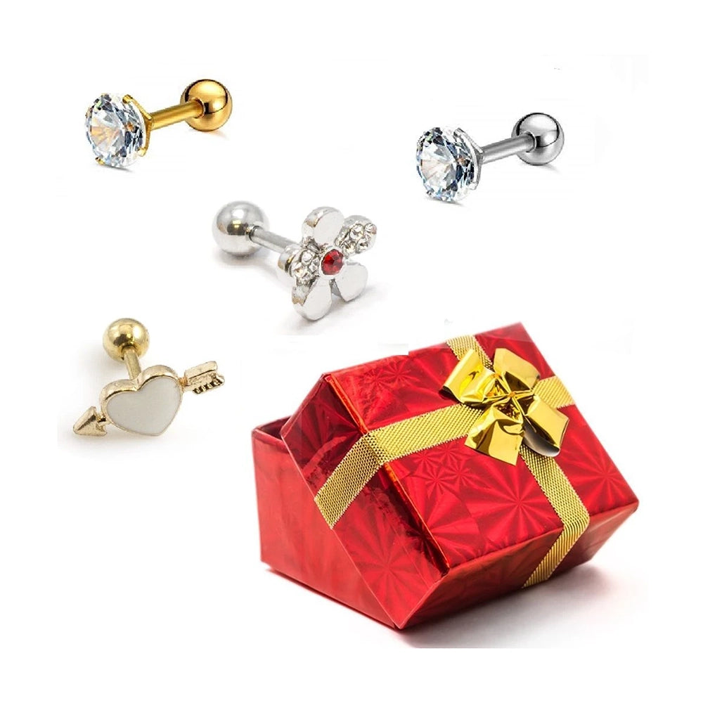 Surgical Steel 16 Gauge Cartilage Barbell with CZ Heart - 4 Pack