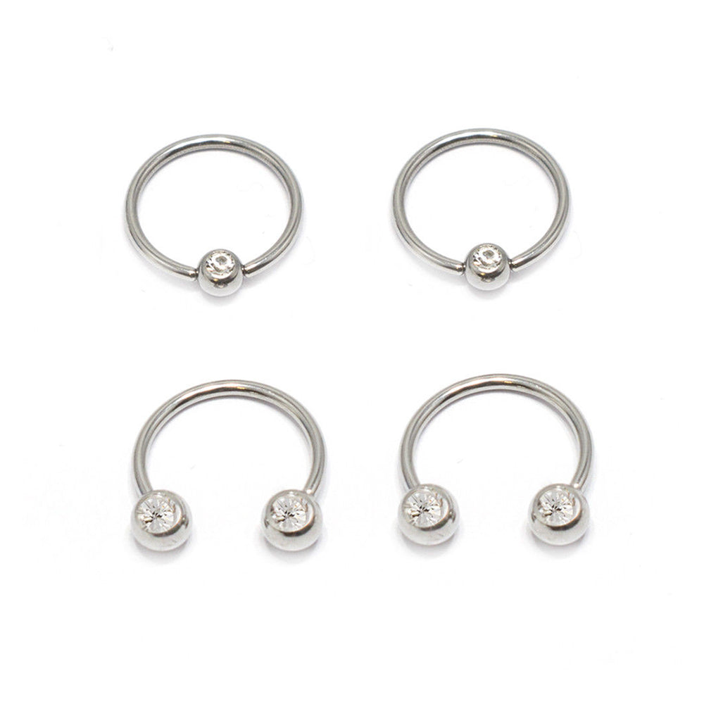 Surgical Steel 18 Gauge CZ Captive Rings & Barbells - 4 Pack