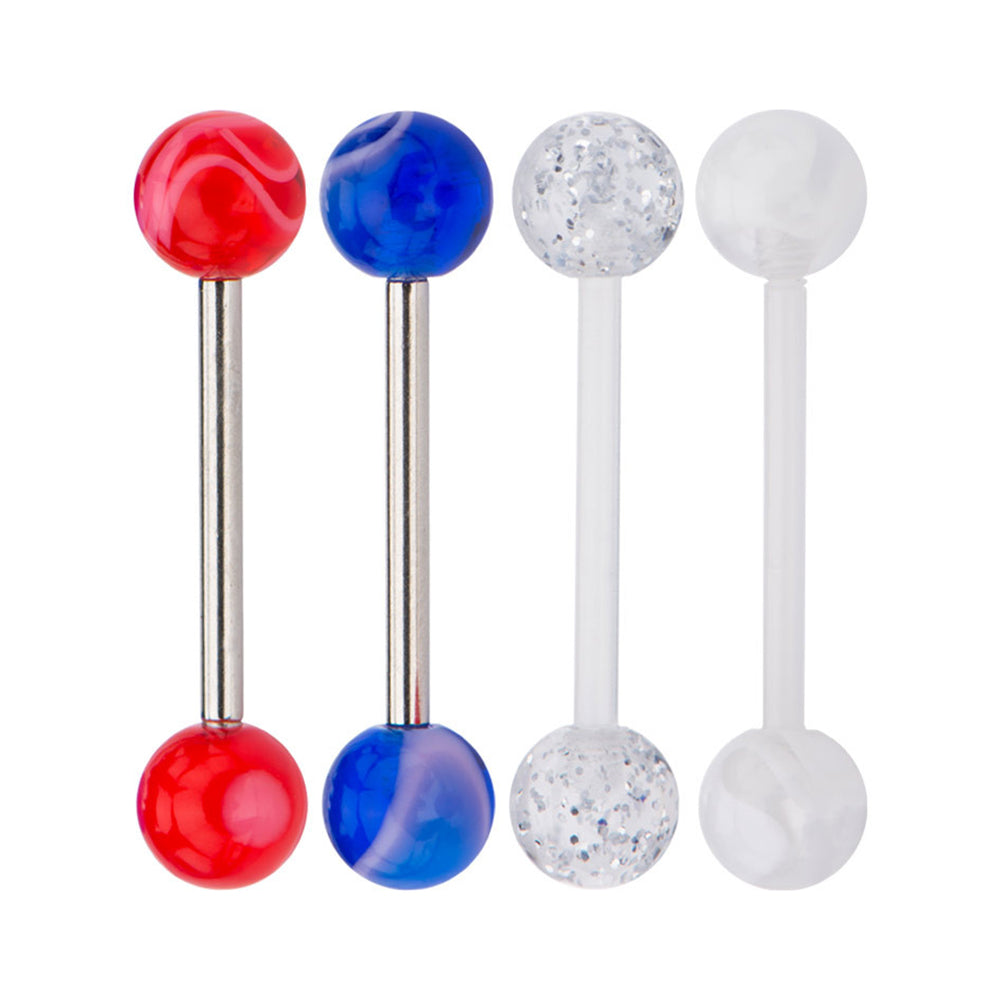 Surgical Steel 14 Gauge Tongue Barbell Marble Glitter Balls - 4 Pack