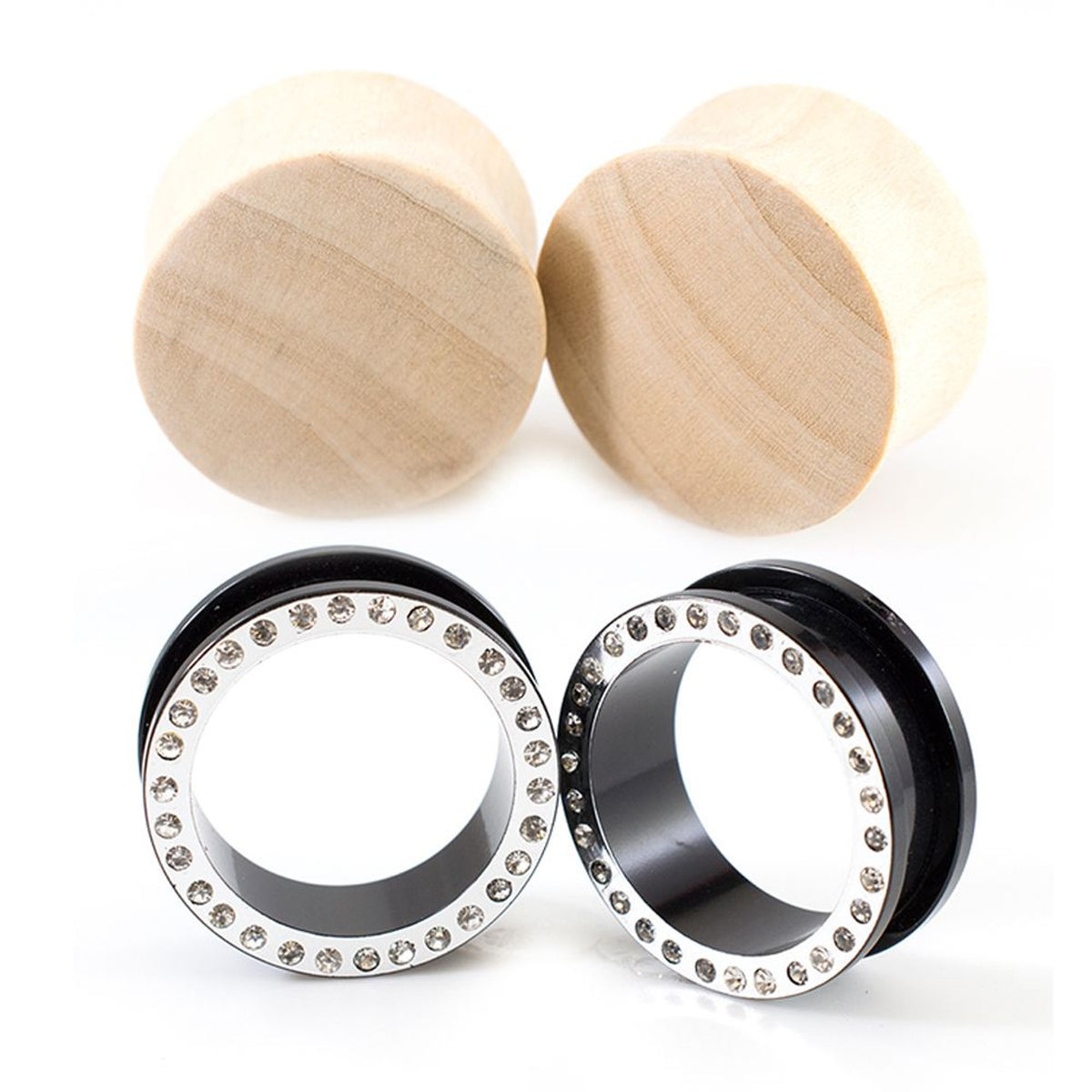 Wooden Plugs & Surgical Steel CZ Tunnels 1 Inch (25mm) - 4 Pack