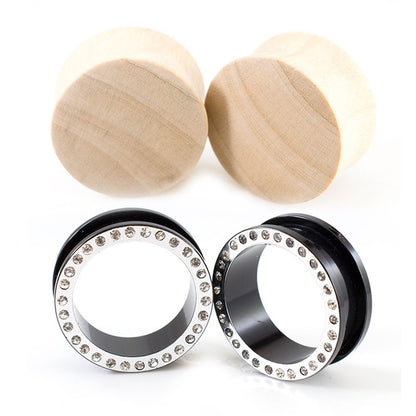 Wooden Plugs & Surgical Steel CZ Tunnels 1 Inch (25mm) - 4 Pack