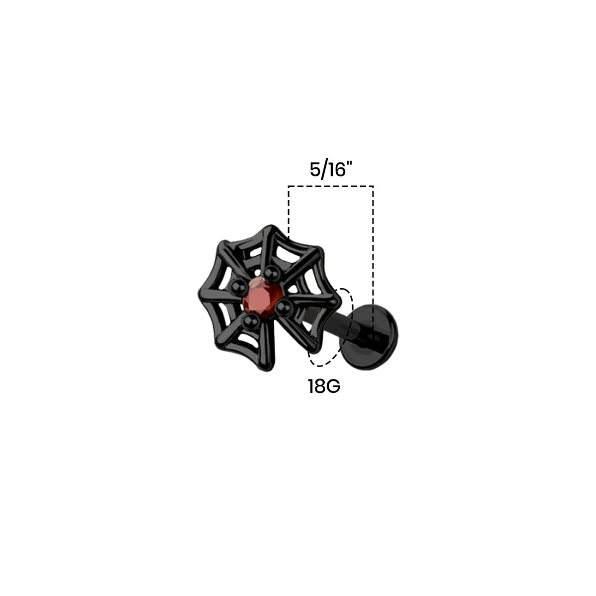 Surgical Steel Flat Back Labret Stud 18G 8mm with Red CZ Spider Web - photo 3