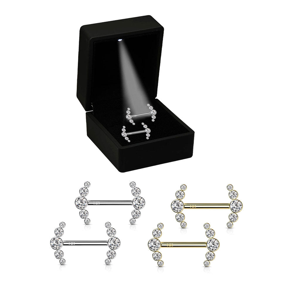 14K Solid Gold 14 Gauge Cluster CZ Nipple Barbell - Pair