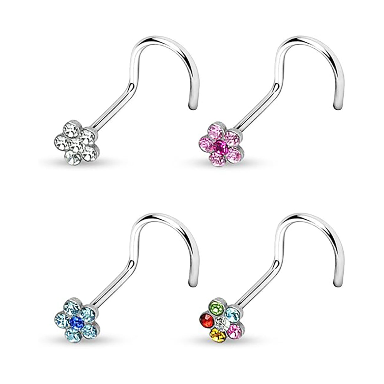 Surgical Steel Nose Ring Screw 18 Gauge with CZ Gem Flower