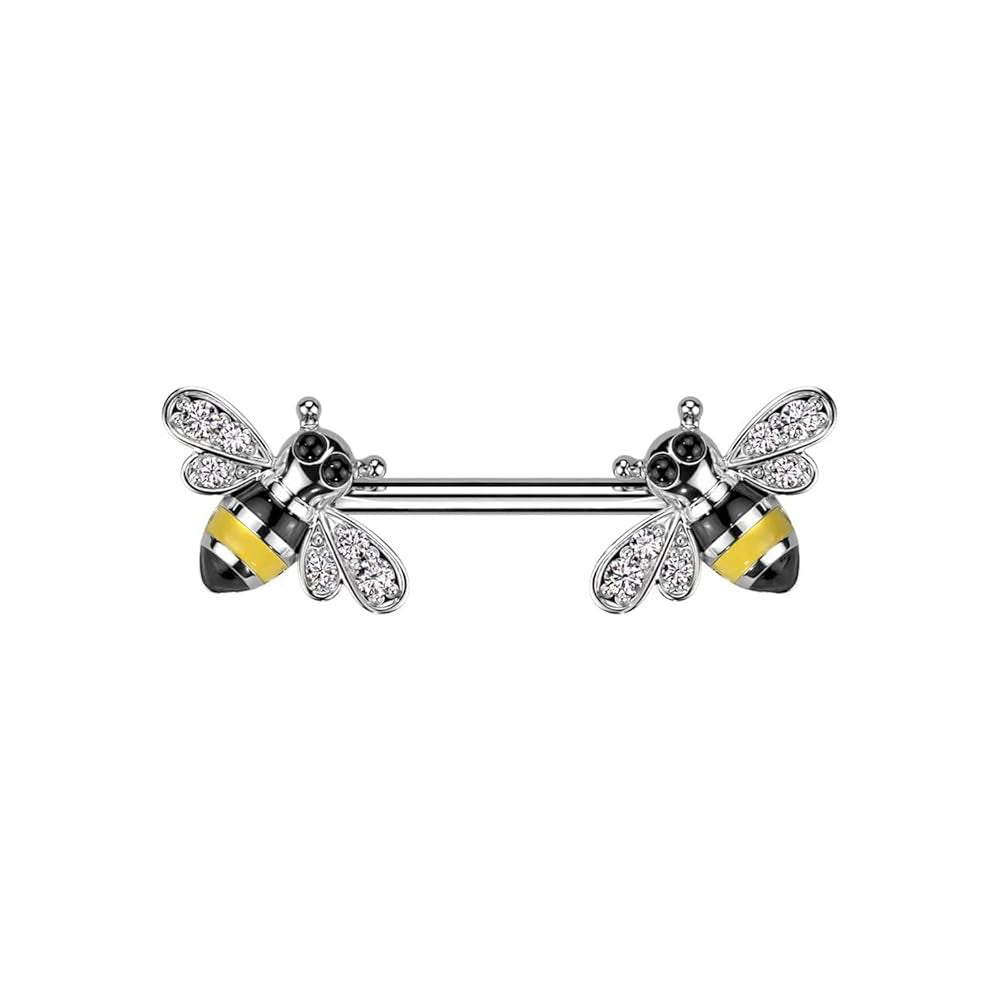 Surgical Steel Nipple Ring Straight Barbell 14 Gauge with Gem Bee Ends