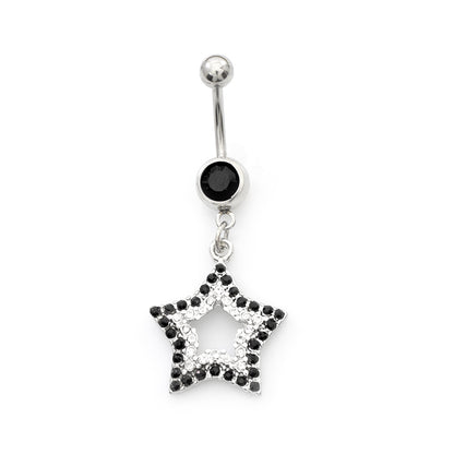 Surgical Steel 14 Gauge Belly Ring with Black Paved CZ Star Dangle