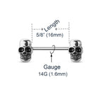Surgical Steel Straight Barbell Nipple Ring 14 Gauge Skull - Pair - Kruelty - Photo 2