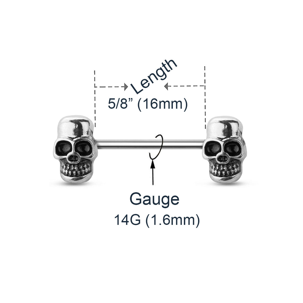 Surgical Steel Straight Barbell Nipple Ring 14 Gauge with Skull - Pair