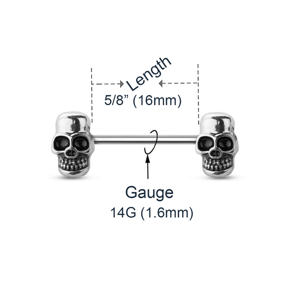 Surgical Steel Straight Barbell Nipple Ring 14 Gauge Skull - Pair - Kruelty - Photo 2
