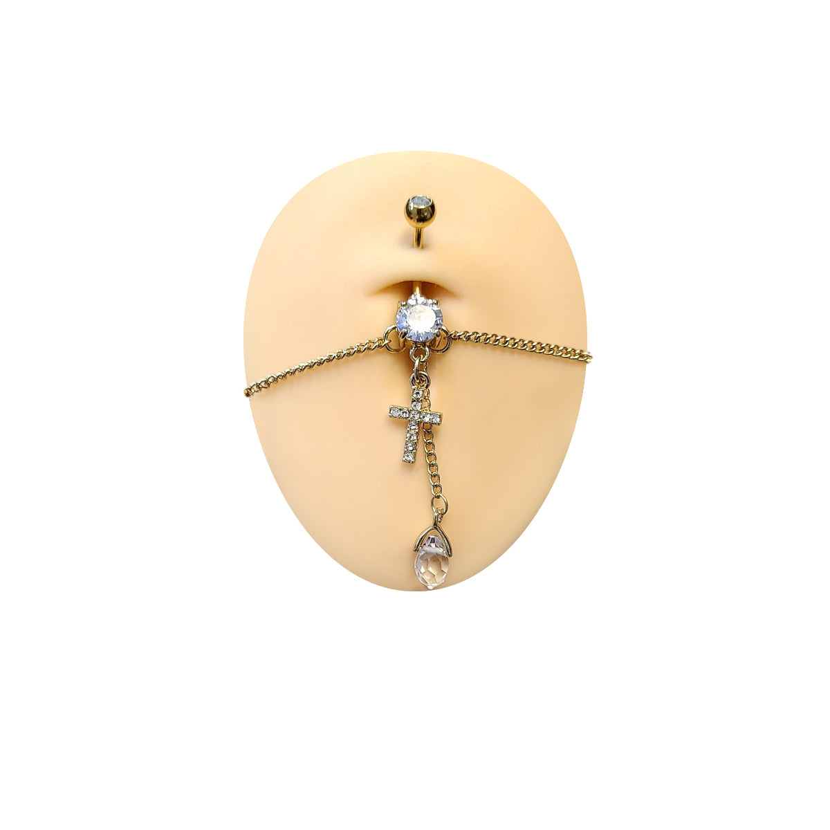 Surgical Steel Belly Ring 14G 11mm with Gold Chain & CZ Teardrop - photo 5