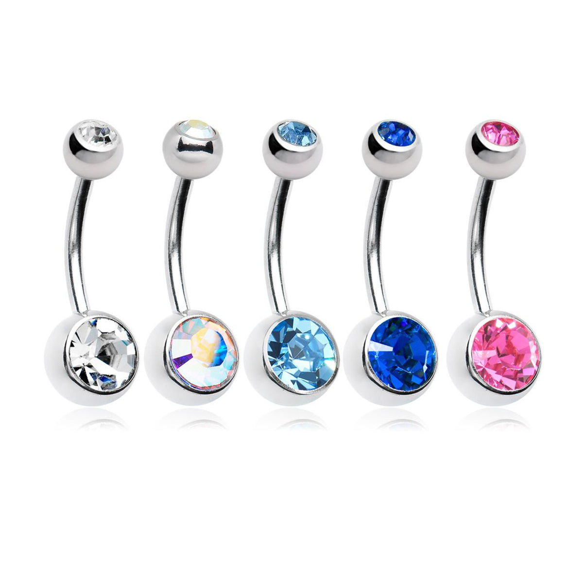 Surgical Steel Belly Button Ring 14 Gauge Double Gem - 5 Pack - Kruelty