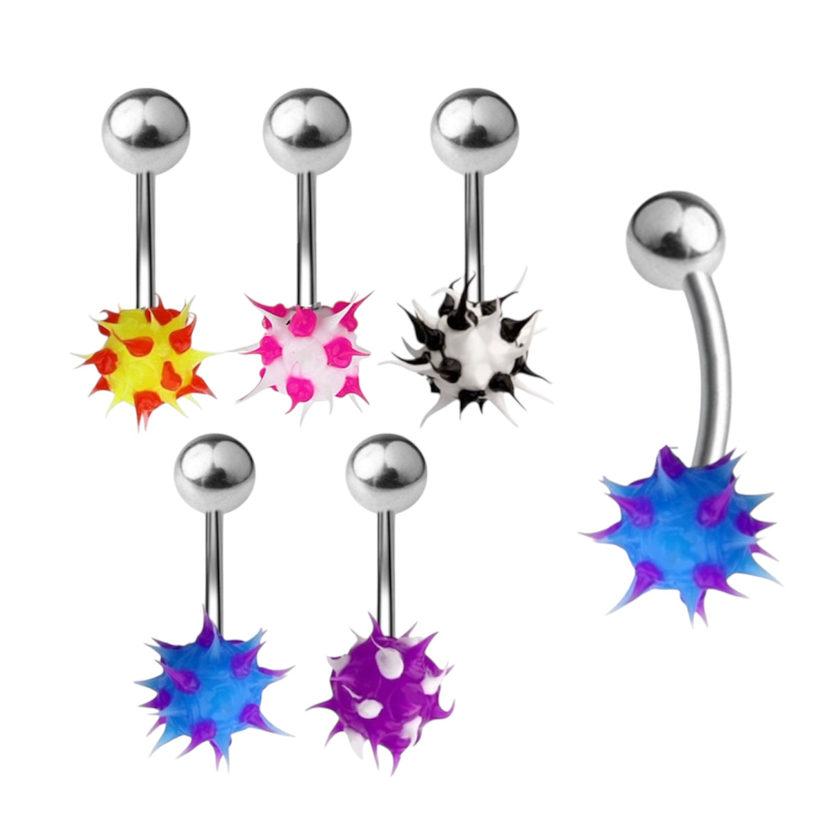 Surgical Steel & Silicone 14G Spike Ball Belly Button Rings - 5 Pack
