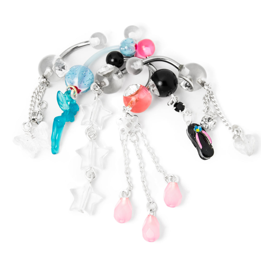 Acrylic & Surgical Steel Dangle Belly Button Rings 14G 10mm - 6 Pack