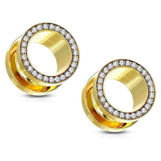 Gold Double Flared Screw Fit Plug Ear Tunnel & CZ 6 to 1" Gauge - Pair