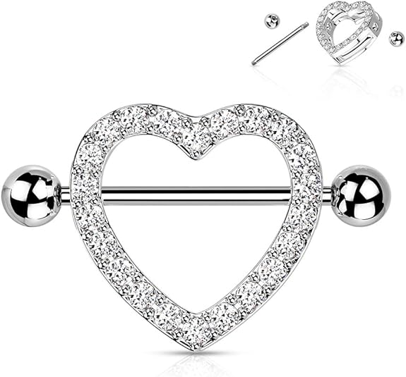 Surgical Steel Nipple Ring Barbell Shield 14 Gauge & Gem Paved Heart