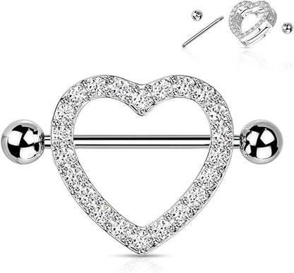 Surgical Steel Nipple Ring Barbell Shield 14 Gauge & Gem Paved Heart