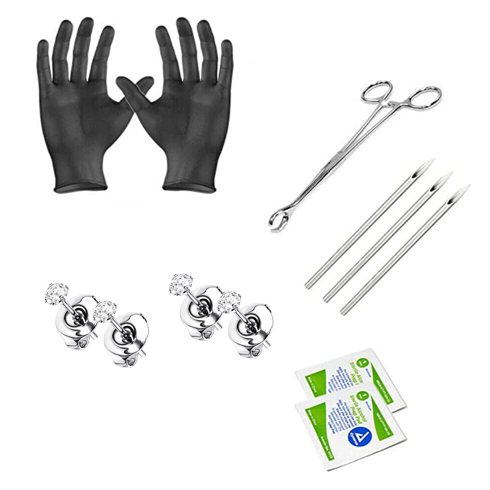 Titanium CZ Ear Piercing Kit with Needles & Clamps - 2 Pairs