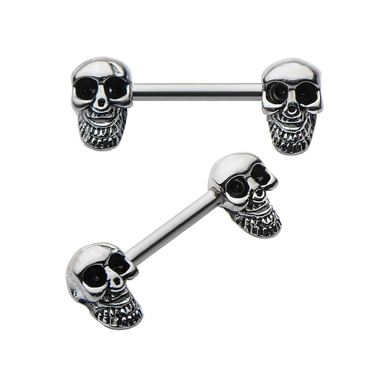 Surgical Steel Barbell Nipple Ring 14 Gauge with Beaded Skull - Pair