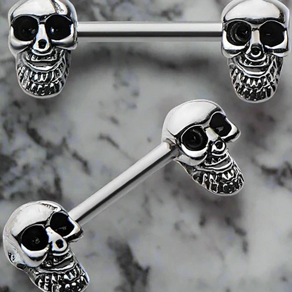 Surgical Steel Barbell Nipple Ring 14 Gauge with Beaded Skull - Pair