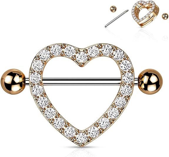 Surgical Steel Nipple Ring Barbell Shield 14 Gauge & Gem Paved Heart