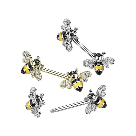 Surgical Steel Nipple Ring Straight Barbell 14 Gauge with Gem Bee Ends