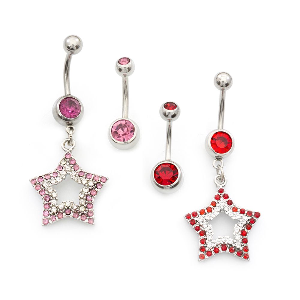 Surgical Steel 14 Gauge Belly Rings with CZ Star Dangle - 2 Pack