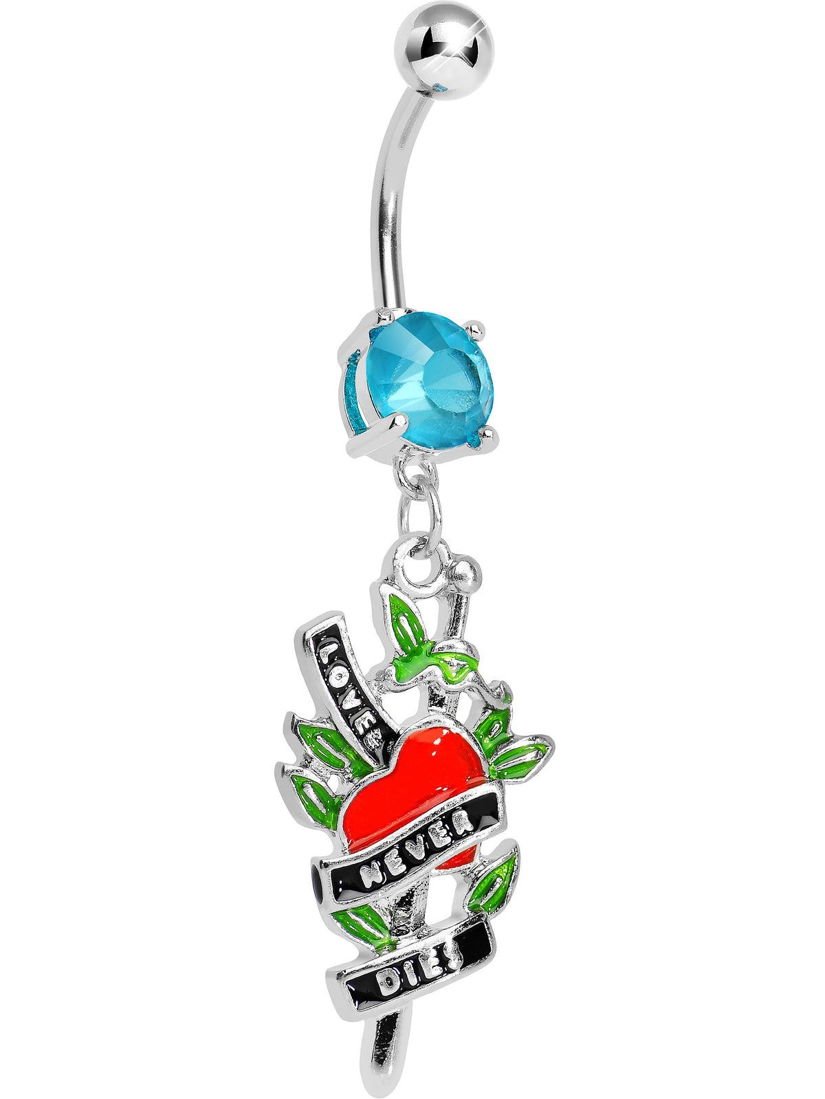 Surgical Steel 14 Gauge Belly Ring with Blue CZ Love Never Dies Dangle