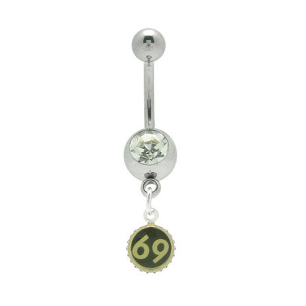 Surgical Steel 14 Gauge Belly Ring with CZ 69 Logo Dangle
