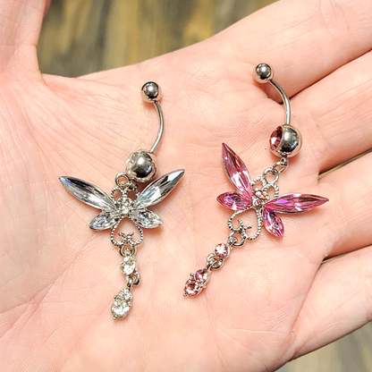 Surgical Steel 14 Gauge Belly Ring with Large CZ Dragonfly Dangle - photo 5