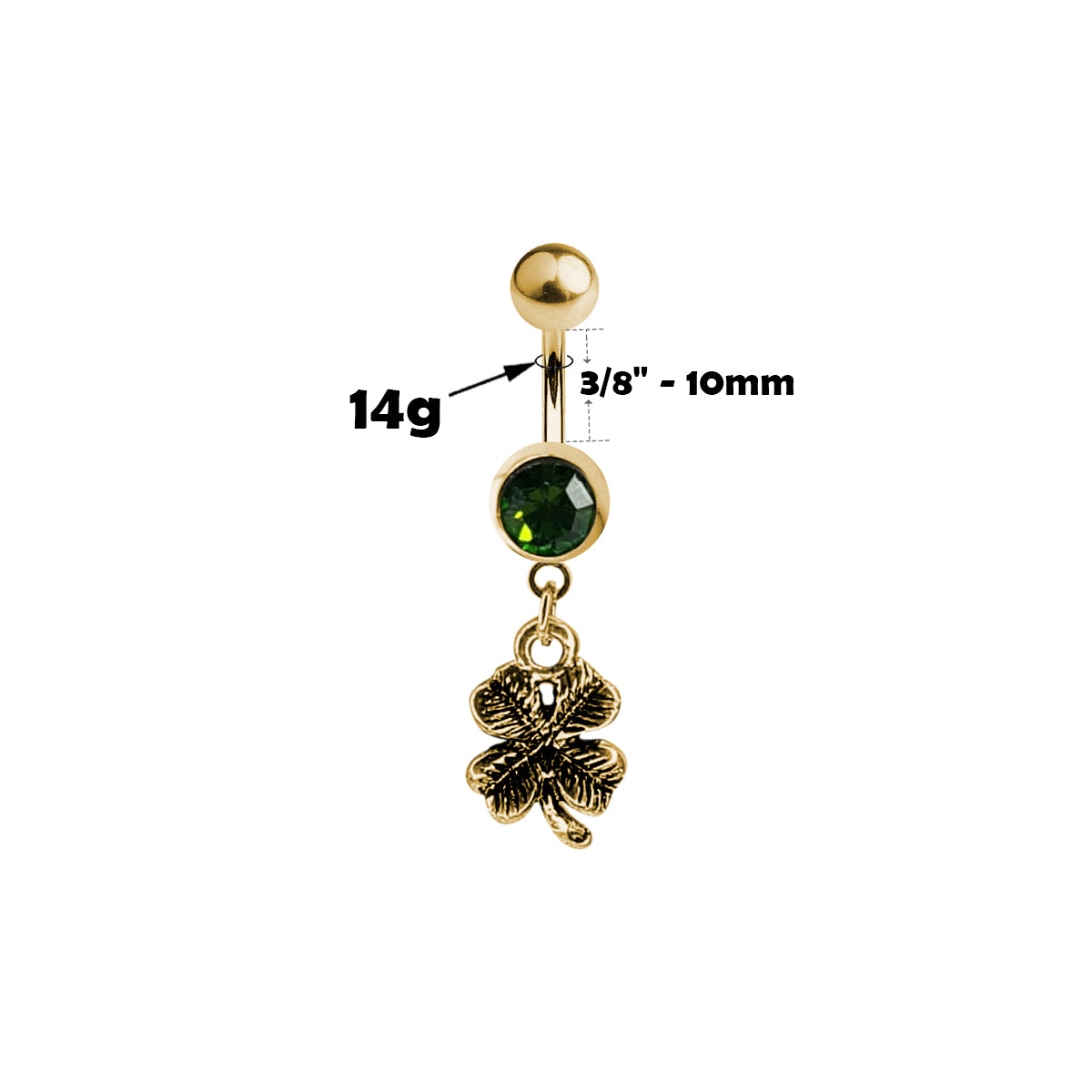 Surgical Steel 14 Gauge Belly Ring with CZ Four Leaf Clover Dangle - photo 6